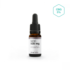 Zdjęcie przedstawiająca brązową butelkę z zakręconą pipetą z biało-szarą etykietą z napisem: Noc 500 mg, smak naturalny, suplement diety, 10 ml, 200 kropli oraz piktogram CBG 5% w prawym górnym rogu.