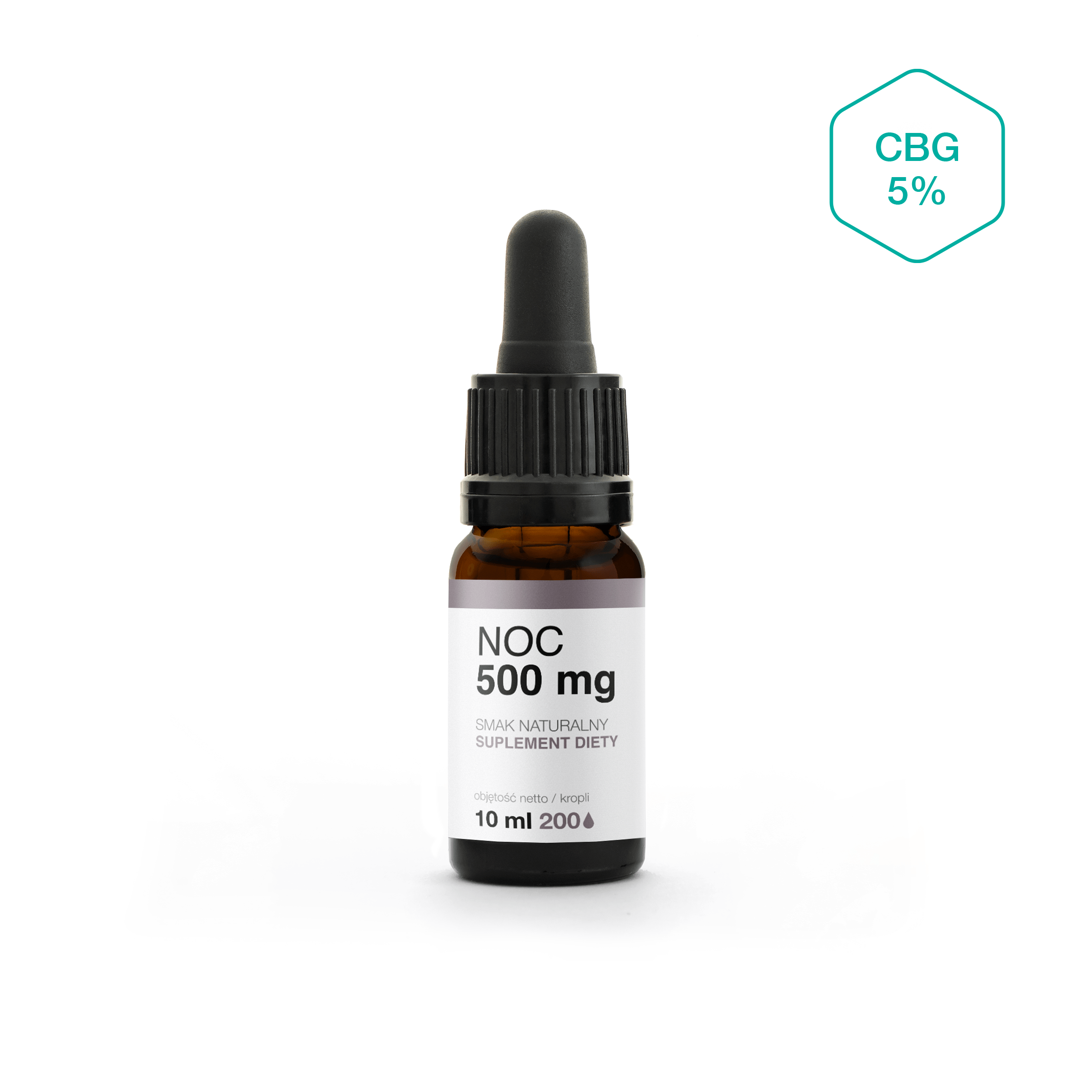 Zdjęcie przedstawiająca brązową butelkę z zakręconą pipetą z biało-szarą etykietą z napisem: Noc 500 mg, smak naturalny, suplement diety, 10 ml, 200 kropli oraz piktogram CBG 5% w prawym górnym rogu.