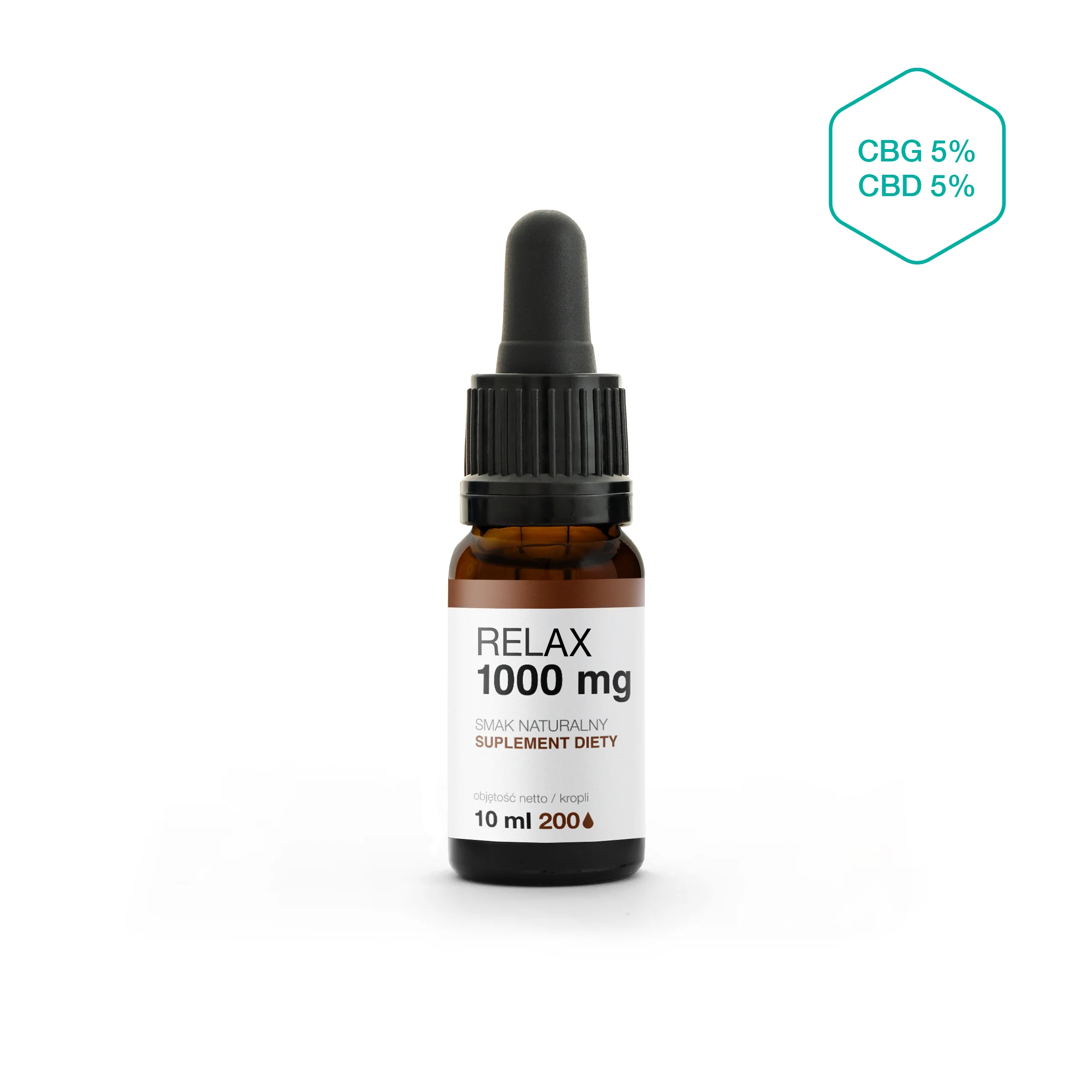 Zdjęcie przedstawiająca brązową butelkę z zakręconą pipetą z biało-brązową etykietą z napisem: Relax 1000 mg, smak naturalny, suplement diety, 10 ml, 200 kropli oraz piktogram CBG 5% CBD 5% w prawym górnym rogu.