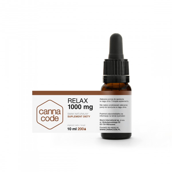 Zdjęcie przedstawiająca brązową butelkę z zakręconą pipetą z biało-brązową etykietą z napisem: Relax 1000 mg, smak naturalny, suplement diety, 10 ml, 200 kropli.